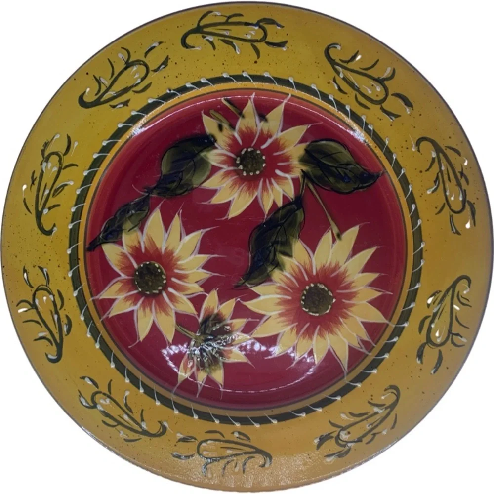 2pcs Pier 1 Sunflower Hand Painted Terracotta Dinner Plates 10 3/4